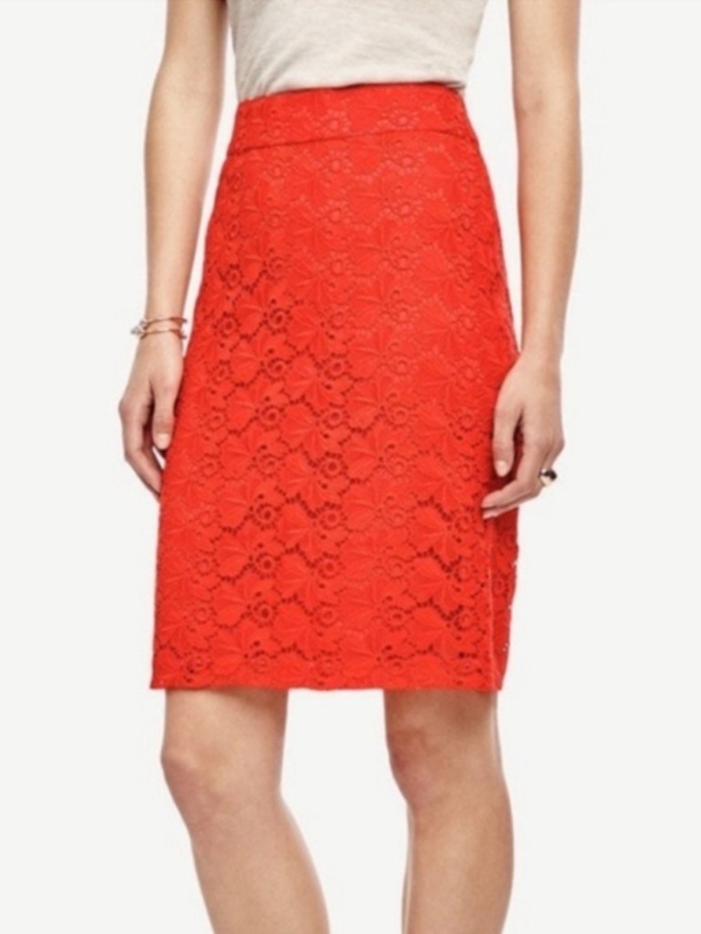 Ann Taylor Orange Red Lace Pencil Skirt